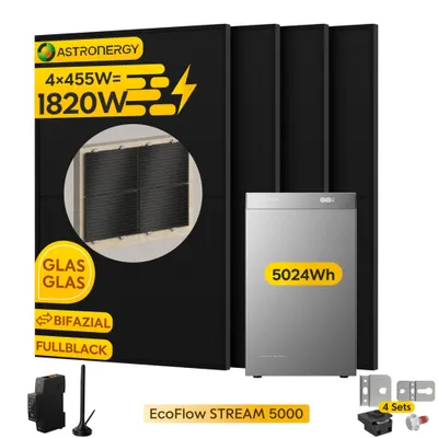 Produktbild von Powerness Balkonkraftwerk mit Speicher EcoFlow STREAM 5000 Speicher 5024Wh & 4x Astronergy 455W Module & Smart Meter & 4x Fischer Fassadenhalterung