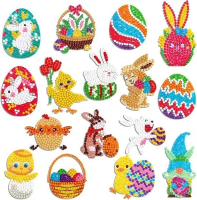 Immagine prodotto di Set artistico per bambini con punta diamantata - Set da 16 pezzi a tema Pasqua per bambini - Set di arte e bricolage - Punta diamantata - Pittura su uova di Pasqua