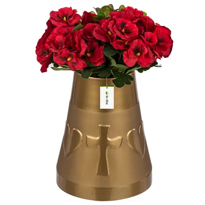 Produktbild von Friedhofsvase in Kegelform Grabstein Grabdekoration Grabsteckvase Blumenvase mit Herz- und Kreuzdekor H 25,5 cm Ø 11 cm Golden Grabblumenkompositionen für lebende und künstliche Blumen