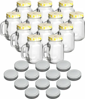 Immagine prodotto di set di 12 bicchieri 450 ml con coperchio giallo, argento - bicchiere con manico e tappo a vite - bicchieri con manico e coperchio