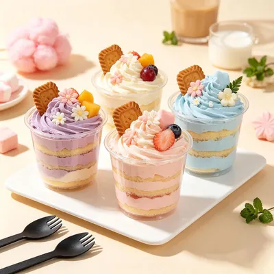 Imagen del producto de Vasos para postre de plástico, 260 ml, 50 unidades, con tapa y cuchara, para la cocina