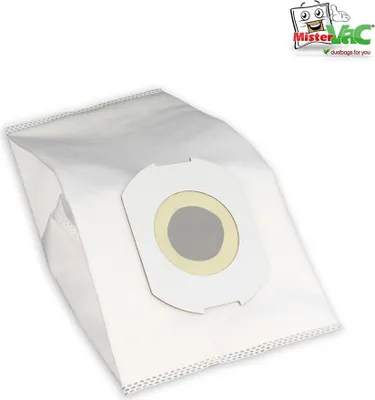 A white vacuum cleaner dust bag is shown on a white background, with a logo in the top right corner.