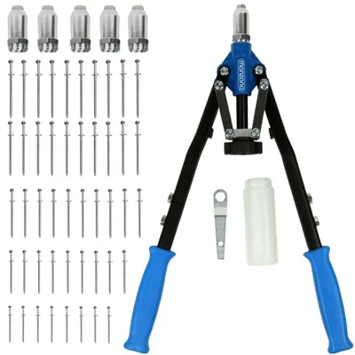 Image de Pince à riveter en aluminium et acier avec 5 embouts et 75 rivets, clé à rivet et récipient de collecte poignée en acier