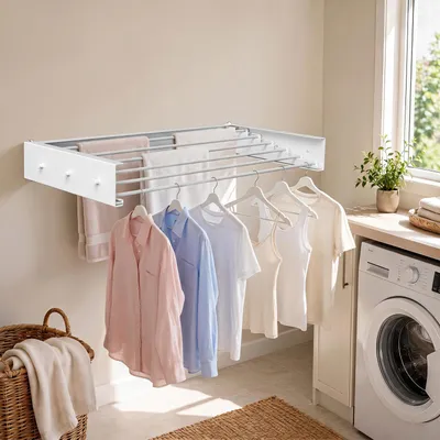 Image de Porte-serviettes pliable à fixer au mur, séchoir mural résistant aux intempéries, 100 cm, 6 barres, capacité de 30 kg, blanc