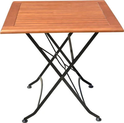 A square wooden table with a black metal folding base, isolated on a white background.