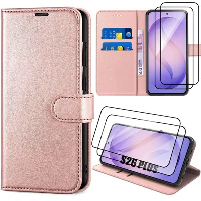 Image de Coque + 2 Verres Trempés pour Samsung Galaxy S26 Plus, Protection Intégrale Antichoc Synthécuir Luxe Rose