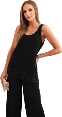 Immagine prodotto di Set da donna in viscosa con camicetta con spalline larghe e pantaloni larghi, nero
