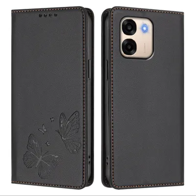 Image de Étui en cuir pour Oppo A6 / Oppo A6X 5G, étui de protection type portefeuille en cuir gaufré « papillon » avec support, noir