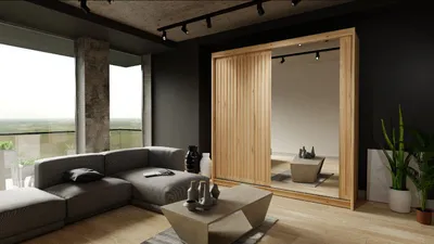 Produktbild von Kleiderschrank ROYAL 203 cm Schrank mit Spiegiel Lamellen Schwebetürenschrank 2-türig Kleiderstange Wotan + Wotan Lamellen