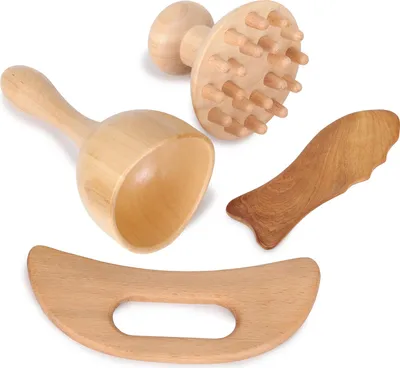 Produktbild von Habys Massage-Werkzeug-Set aus Holz | 4-teilig aus Buche & Sandelholz | ideal für Maderotherapie Lymphdrainage & Faszienarbeit | ergonomisches Design