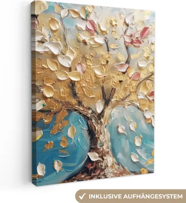 Produktbild von MuchoWow® - Leinwandbilder - Baum - Blau - Gold - Abstrakt - Modern, Wandbild, Wanddeko Bilder Wohnzimmer, 60x80 cm