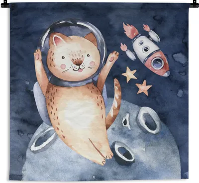 Produktbild von MuchoWow® Wandteppich Wandbehang Weltraum - Rakete - Katze - Kind - Jungen - Mädchen - Kinder 150x150 cm Tapisserie Dekoration Wandtuch - Wohnaccessoires - Modernes