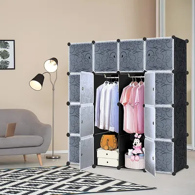 Zdjęcie produktu dla YARDIN DIY szafa plastikowa wielofunkcyjny system półek do szafy, półka do przechowywania półka na książki pyłoszczelna z drzwiami, 16 przegródek (140x140x35cm czarny z wzorem)