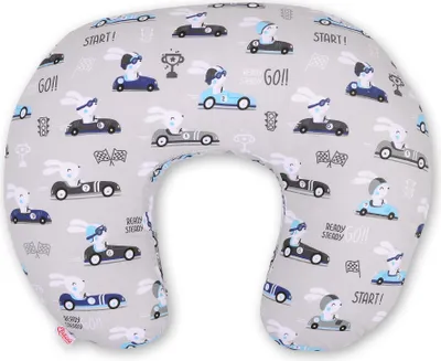 Obrázok produktu pre Vankúš na dojčenie Croissant, beanbag, odnímateľný - zajačikovia v aute, sivý