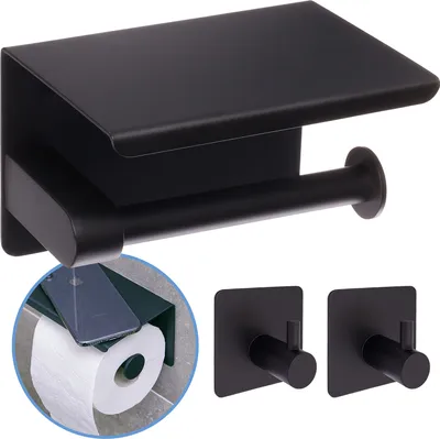 Produktbild von Sanics WC-Rolhalter Schwarz – Toilettenpapierhalter ohne Bohren – WC-Papierhalter mit Ablage – Selbstklebend – Edelstahl – inklusive 2 selbstklebenden