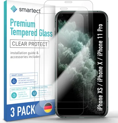 A product package for screen protectors for iPhones, with a phone displaying a landscape image shown next to it.