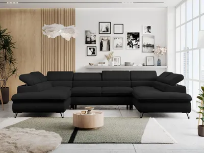 Produktbild von Ecksofa mit  Schlaffunktion, Bettkasten, U-form, einstellbare Kopfstützen, Wohnzimmersofa - PETER U - Boucle - Schwarz