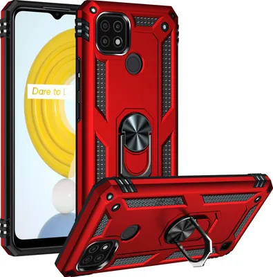 Obrázek produktu pro Pouzdro pro OPPO Realme C21 dvouvrstvé robustní, vojenská ochrana pouzdro s držákem prstenu a stojánkem červené