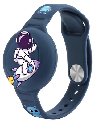 Produktbild von Hurtel Silikon Armbandhülle für Kinder kompatibel mit AirTag Marineblau mit Astronautenmotiv