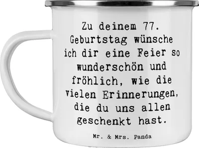 Produktbild von Mr. & Mrs. Panda Pott Spruch 77. Geburtstag - Weiß - Geschenk, Glückwunsch, becher emaille, Happy Birthday, Feier, Lebensfreude, wandertasse, Alter, Teetasse, Tasse