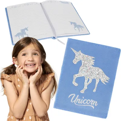 Produktbild von Einhorn Plüsch Tagebuch/Notizbuch blau, liniert A5