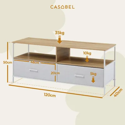Produktbild von CASABEL TV-Schrank 120 cm, Holz und weißes Metall, 2 Stoffschubladen