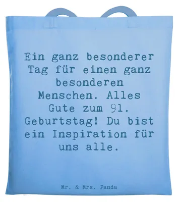 Produktbild von Mr. & Mrs. Panda Tote Bag Spruch 91. Geburtstag - Sky Blue - Geschenk, Geburtstagsgeschenk, Meilenstein, Einkaufstasche, Shopping Tasche, Jubiläum, Uni, Schultasche