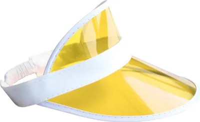 A yellow transparent visor with a white trim and elastic band.