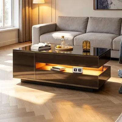Obrázek produktu pro Výškově nastavitelný konferenční stolek 95x50x40 cm s LED osvětlením, lesklý konferenční stolek se zásuvkou a skříňkou, odkládací stolek k pohovce se skrytým úložným prostorem, moderní čajový stolek do obývacího pokoje, černý