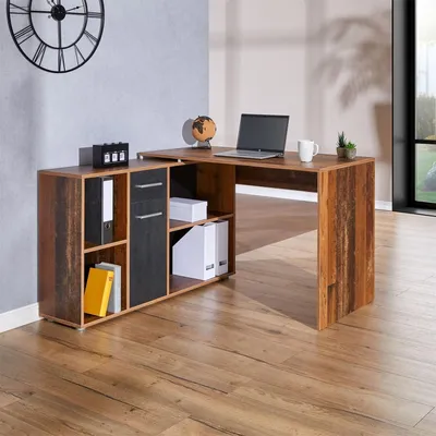 Image de CARO-Möbel Diego Bureau d'angle avec étagère et tiroir, bureau à 4 casiers, bureau informatique moderne avec différentes possibilités de montage