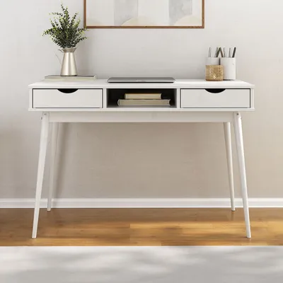 Produktbild von Schreibtisch STEFANO weiß - Bürotisch mit 2 Schubladen und Fach aus Massivholz, Home Office Tisch, moderner Arbeitstisch