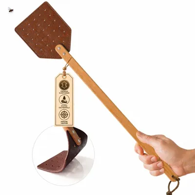 Produktbild von Fliegenklatsche Leder mit Holzgriff extra lang 51 cm, Fliegenfänger flexibel, Insektenvernichter stabil