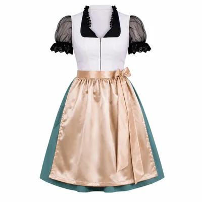 Produktbild von 2-teiliges Trachtenkleid (Kleid + Schürze) in Hellgrau/Grün/Hellbeige/Braun, KI-generiertes Bild