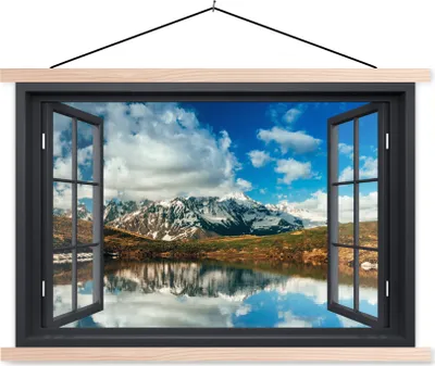 Produktbild von MuchoWow® Textilposter Aussicht - Berge - Wasser 120x80 cm mit holzfarbenen Rahmen - Aufhängeset