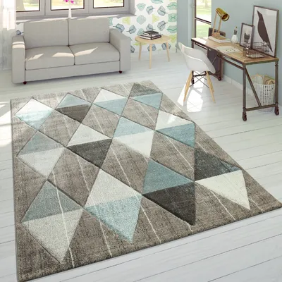 Immagine prodotto di Tappeto di design moderno con taglio sagomato, colori pastello, motivo a rombi, beige e blu, dimensioni 120x170 cm