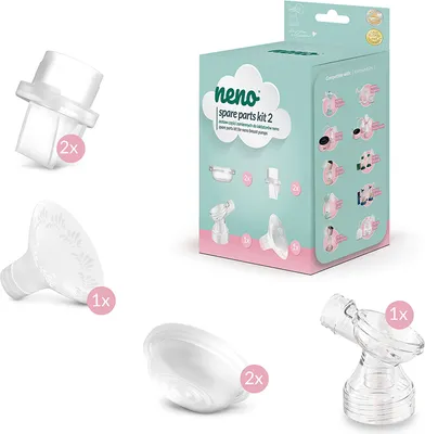 A product shot of Neno spare parts for breast pumps, including the packaging and individual components.