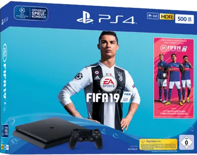 Produktbild von Sony PS4 Slim + FIFA 19, 500GB, 14 Tage PSN+, Farbe: Schwarz