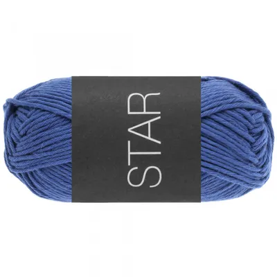A ball of blue yarn with a black label.