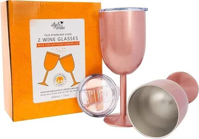 Produktbild von Edelstahl-Weingläser mit auslaufsicherem Schiebedeckel, Set aus 2 Stück - 300 ml, doppelwandig, isoliert - Unzerbrechlich und langlebig - R