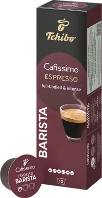 A box of Tchibo Cafissimo Espresso Barista coffee capsules with one capsule in the foreground.