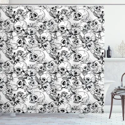 Obrázok produktu pre ABAKUHAUS Deň mŕtvych Sprchový záves, Slávnostná oslava mexického španielskeho náčrtu Dead Skulls Artwork Print, 175 x 200 cm, čierno-biely