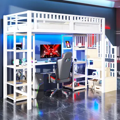 Zdjęcie produktu dla Łóżko piętrowe 90 x 200 cm z biurkiem, listwą LED, portem USB, półką i organizerem, bez materaca, kolor biały, wykonane z metalu i MDF