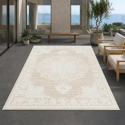 Immagine prodotto di Tappeto beige crema con motivo grafico vintage, adatto sia per interni che per esterni, dimensioni: 300 x 400 cm