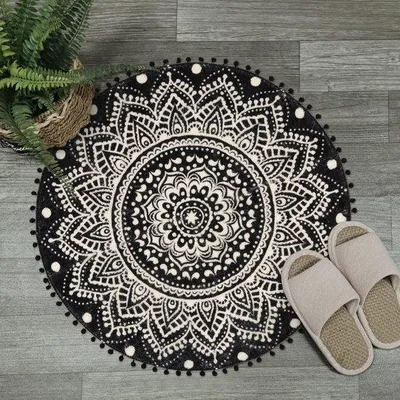 Obrázek produktu pro Kulatý koberec Unyqoos® o průměru 90 cm – styl boho, mandala, 100% polyester, lze prát v pračce, protiskluzová spodní strana, bambulky, antistatický, vhodný do obývacího pokoje a ložnice
