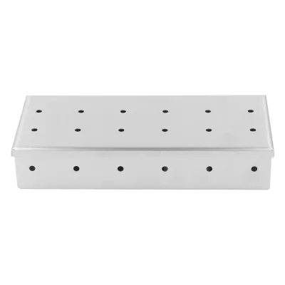 A rectangular metal smoking box with holes on the top and sides, presented on a white background.