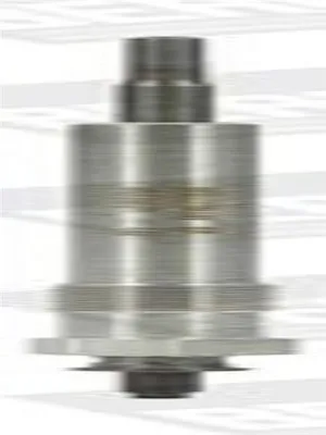 A metallic automotive part, likely a glow plug, is shown vertically against a light gray and white background.
