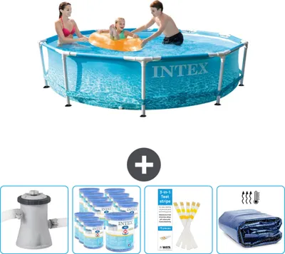 Produktbild von Intex Rundrahmen-Schwimmbecken – 305 x 76 cm – Wasserdruck – inklusive Pumpe Filter - Teststreifen - Sonnensegel