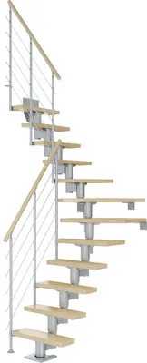 Produktbild von Pertura Mittelholmtreppe Spiros Ahorn Leimholz Perlgrau 1/4 gewendelt unten links/rechts 65 cm 14 Stufen / 15 Steigungen