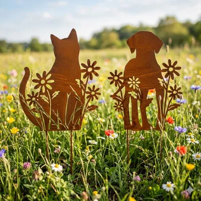 Produktbild von Wunderschönes Beetstecker Set Katze und Hund mit Blumen