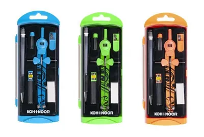 Zdjęcie produktu dla Zestaw cyrkli Koh-I-Noor, 6-częściowy, regulowany, metalowo-plastikowy, dla uczniów